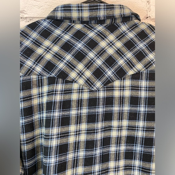 Wrangler Wrancher Vintage Blue Plaid Flannel Shirt w/ Pearl Snap Buttons size XL - Picture 10 of 10